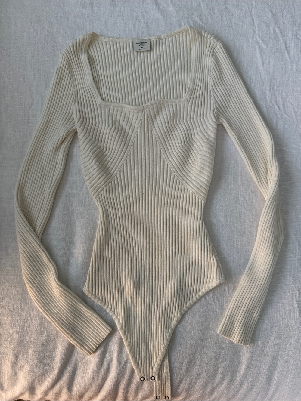 Abercrombie & Fitch Ivory Ribbed Long-Sleeve Bodysuit